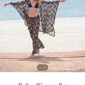 Floral Kimono Set Boho Sheer Duster Wide Leg Pants Shorts Resort Wear Size   S